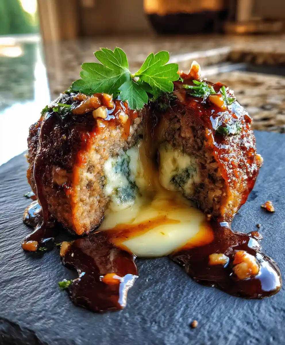 Gorgonzola Stuffed Italian Meatballs with Balsamic Pomegranate Glaze