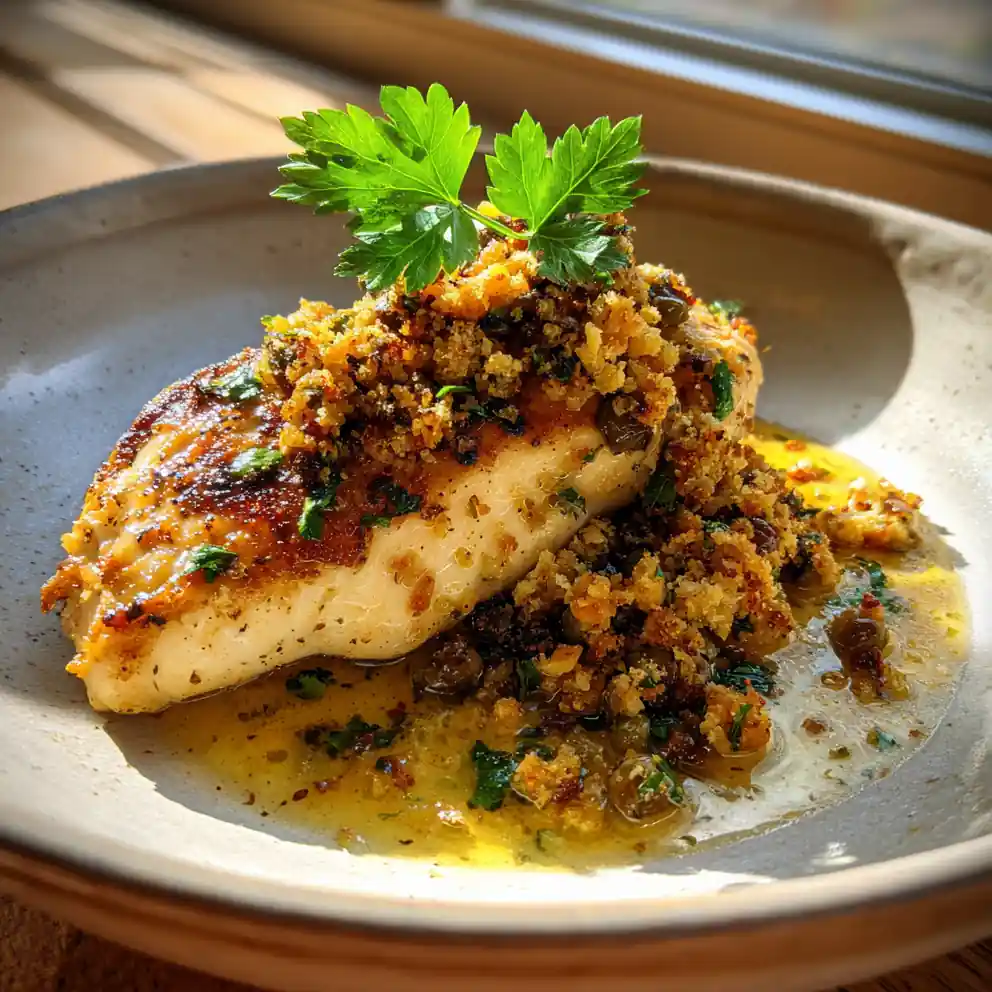 Lemon Caper Chicken Piccata With Toasted Almond Parsley Butter Crumble