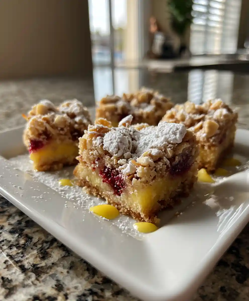 Lemon Curd Layered Raspberry Crumble Bars With Almond Streusel