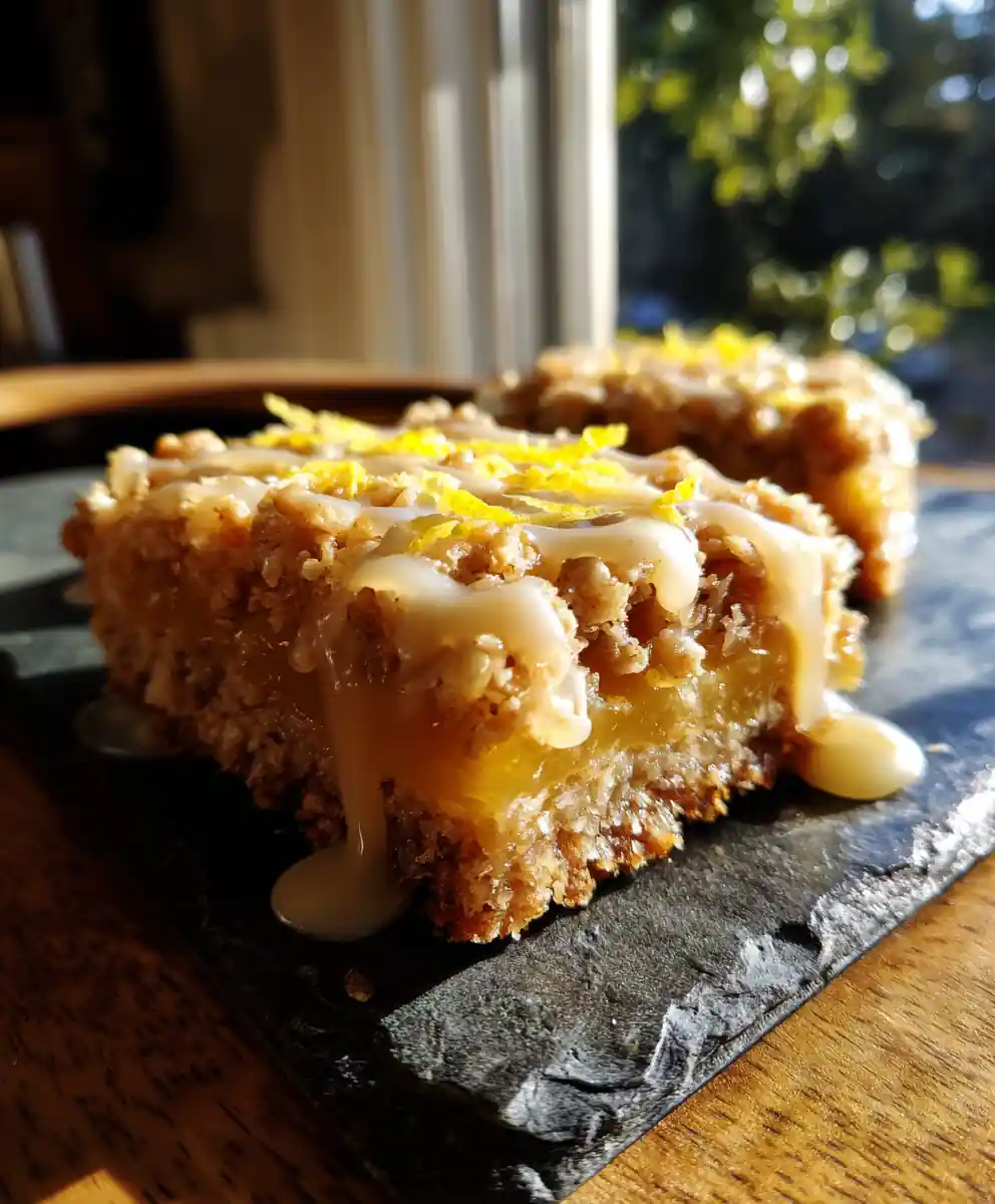 Lemon Oatmeal Crumble Bars With A Toasted Almond Honey Glaze