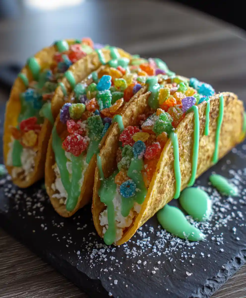 Lime Glazed Fruity Pebbles Cheesecake Tacos