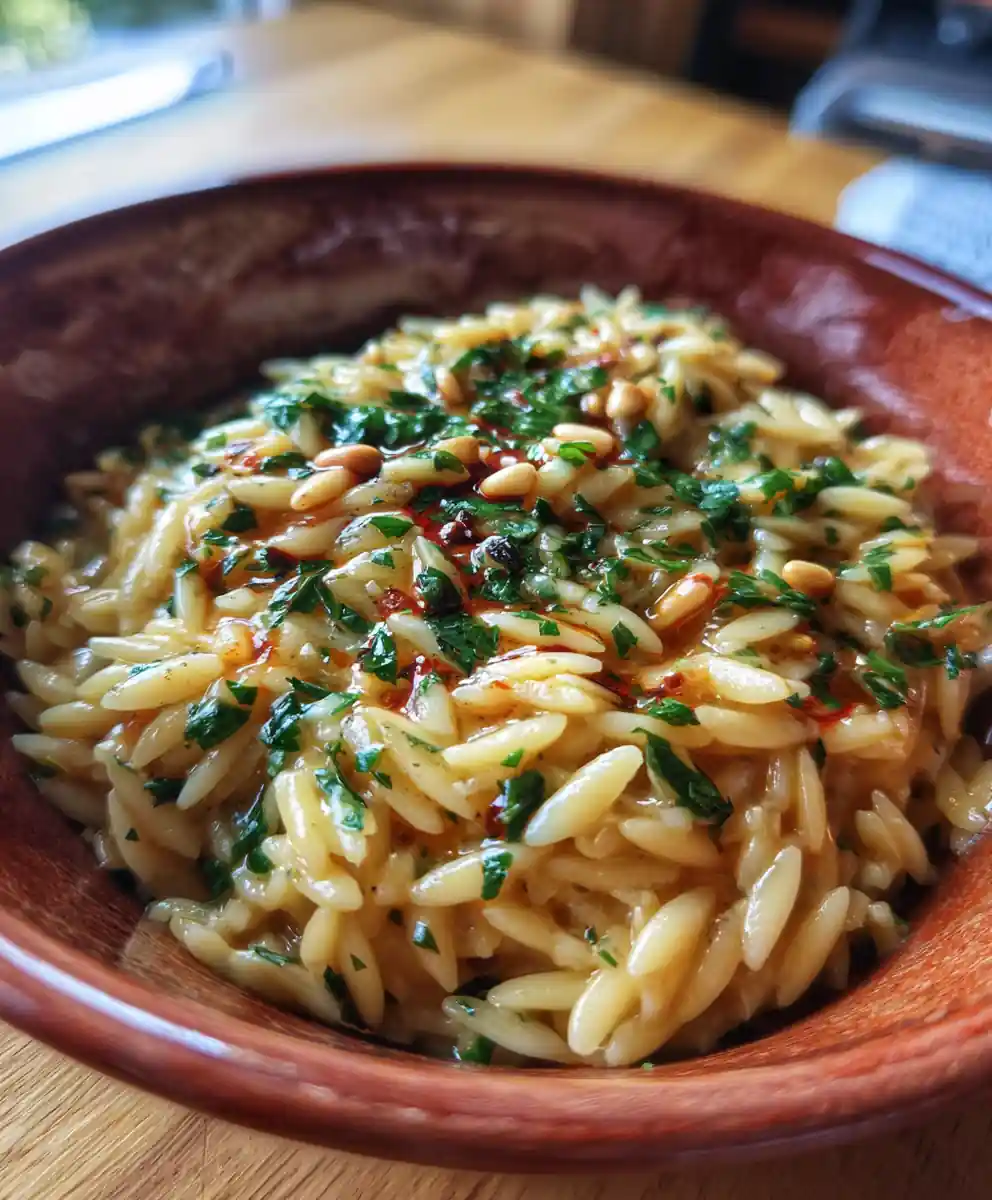 Manestra Onepot Orzo With Roasted Red Pepper Cream