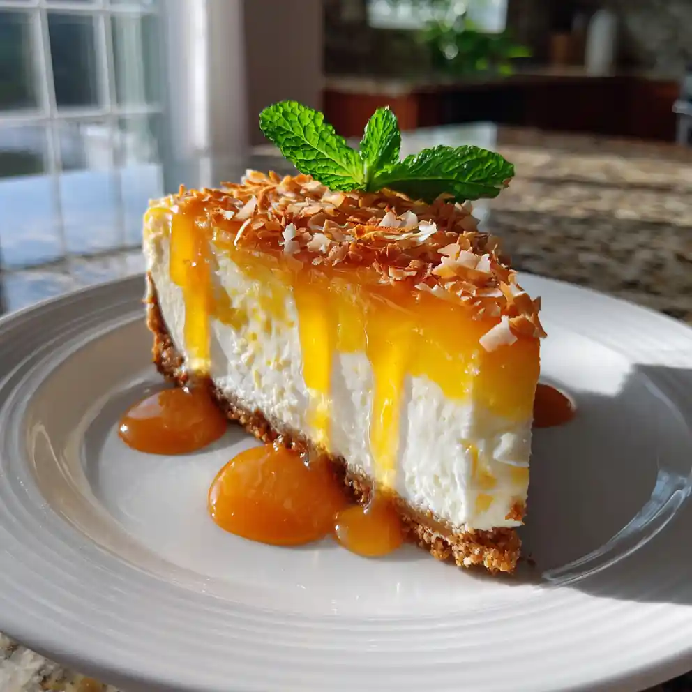 Mango Swirled Millionaire Cheesecake With Toasted Coconut Caramel