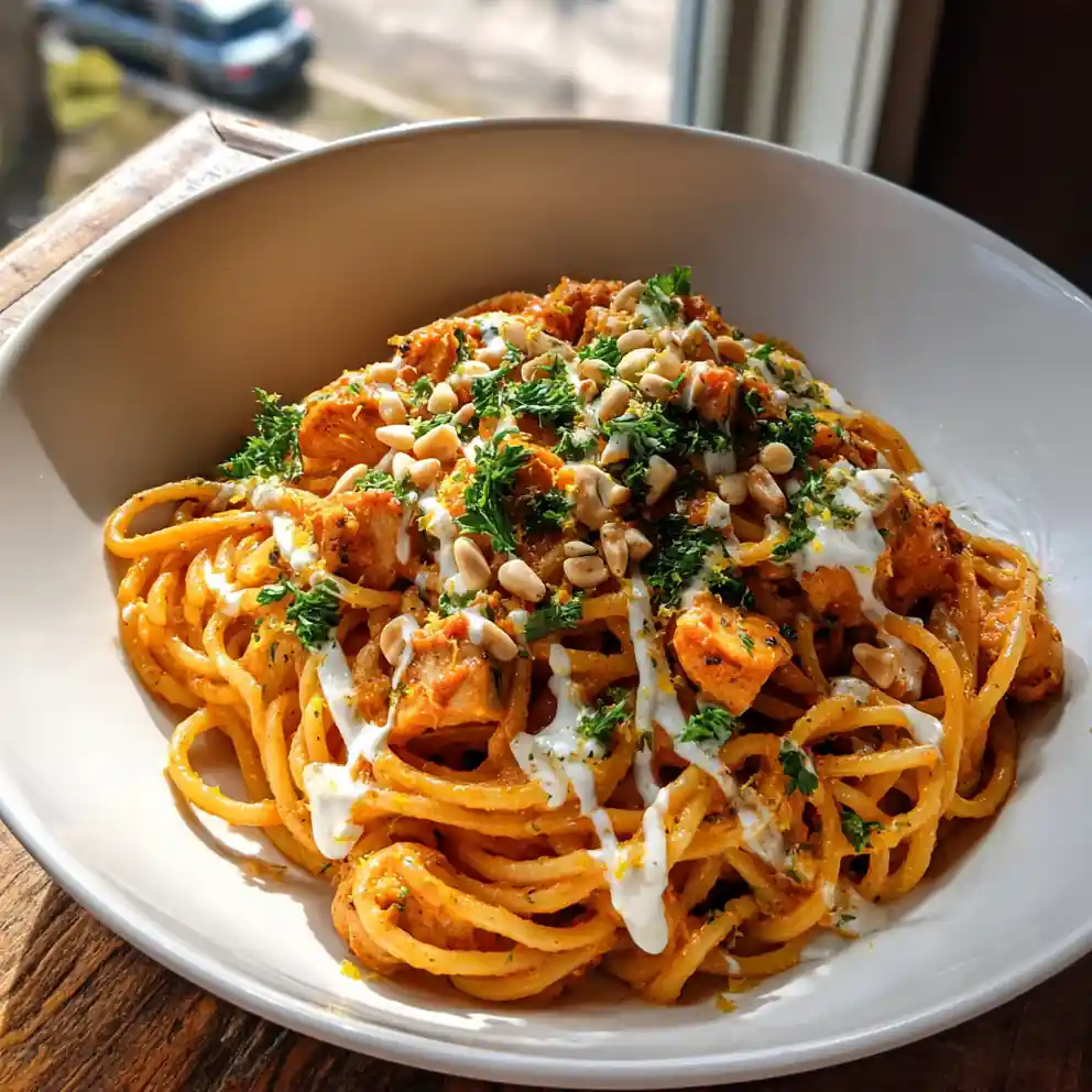 One Pot Chicken Spaghetti With Roasted Red Pepper Cream Swirl