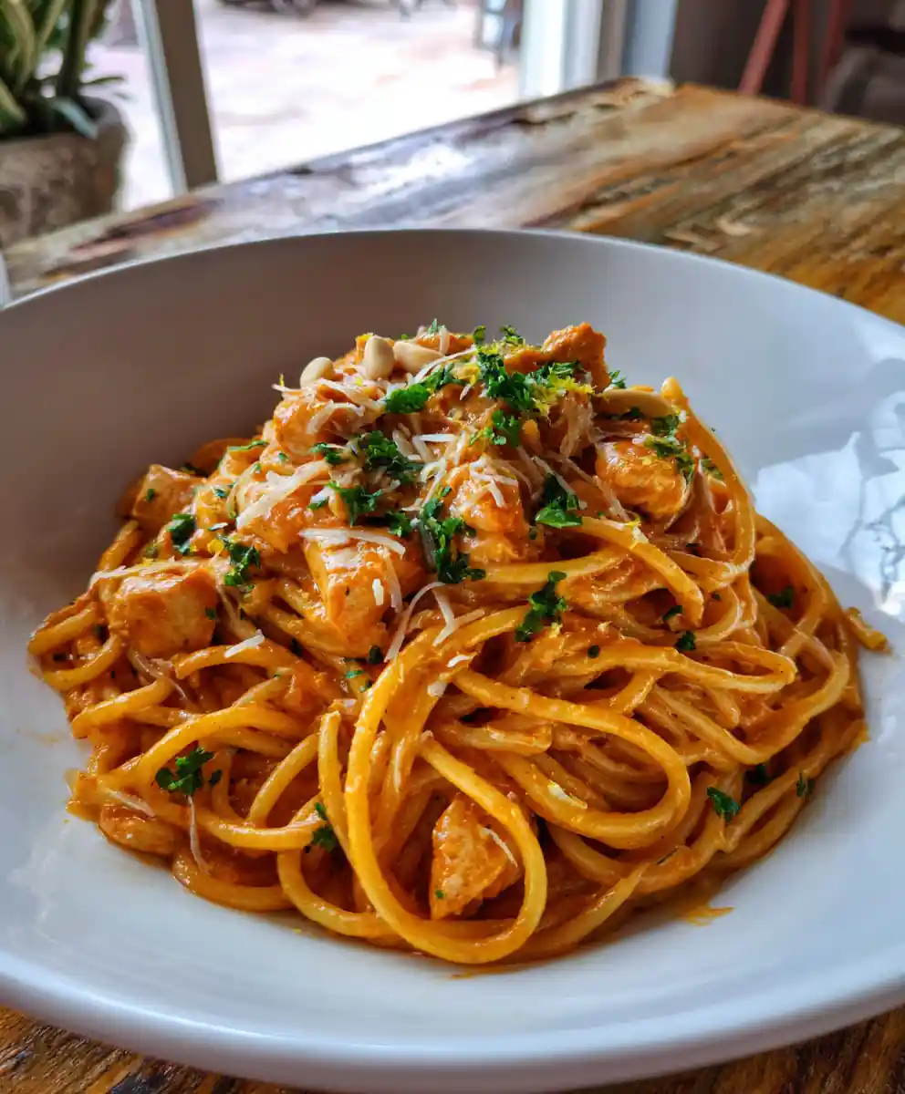 One Pot Chicken Spaghetti With Roasted Red Pepper Cream Swirl
