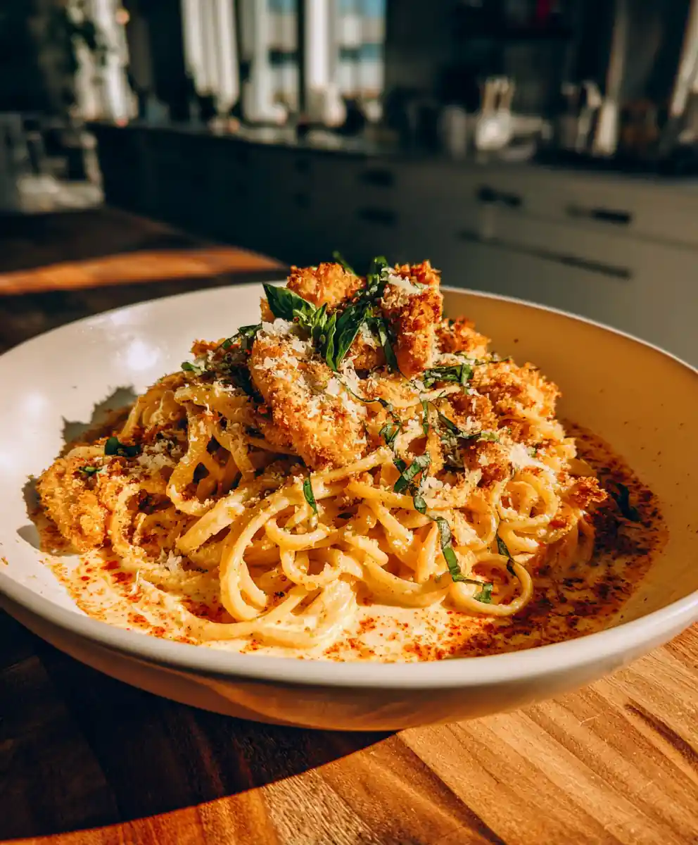 One Pot Garlic Parmesan Chicken Pasta With Roasted Red Pepper Cream