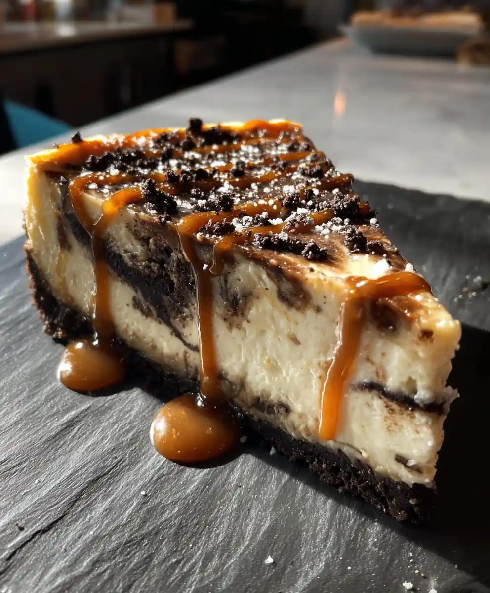 Oreo Cheesecake With Salted Caramel Espresso Swirl