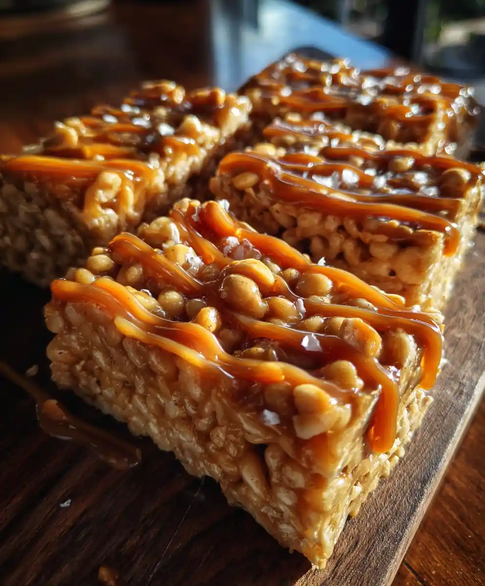 Peanut Butter Rice Krispie Bars With Sea Salted Caramel Swirl