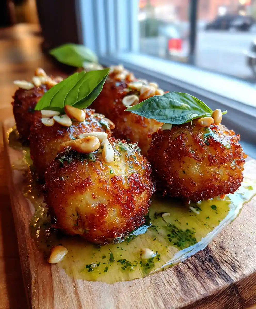 Pesto Infused Ricotta Arancini With Bright Basil Glaze