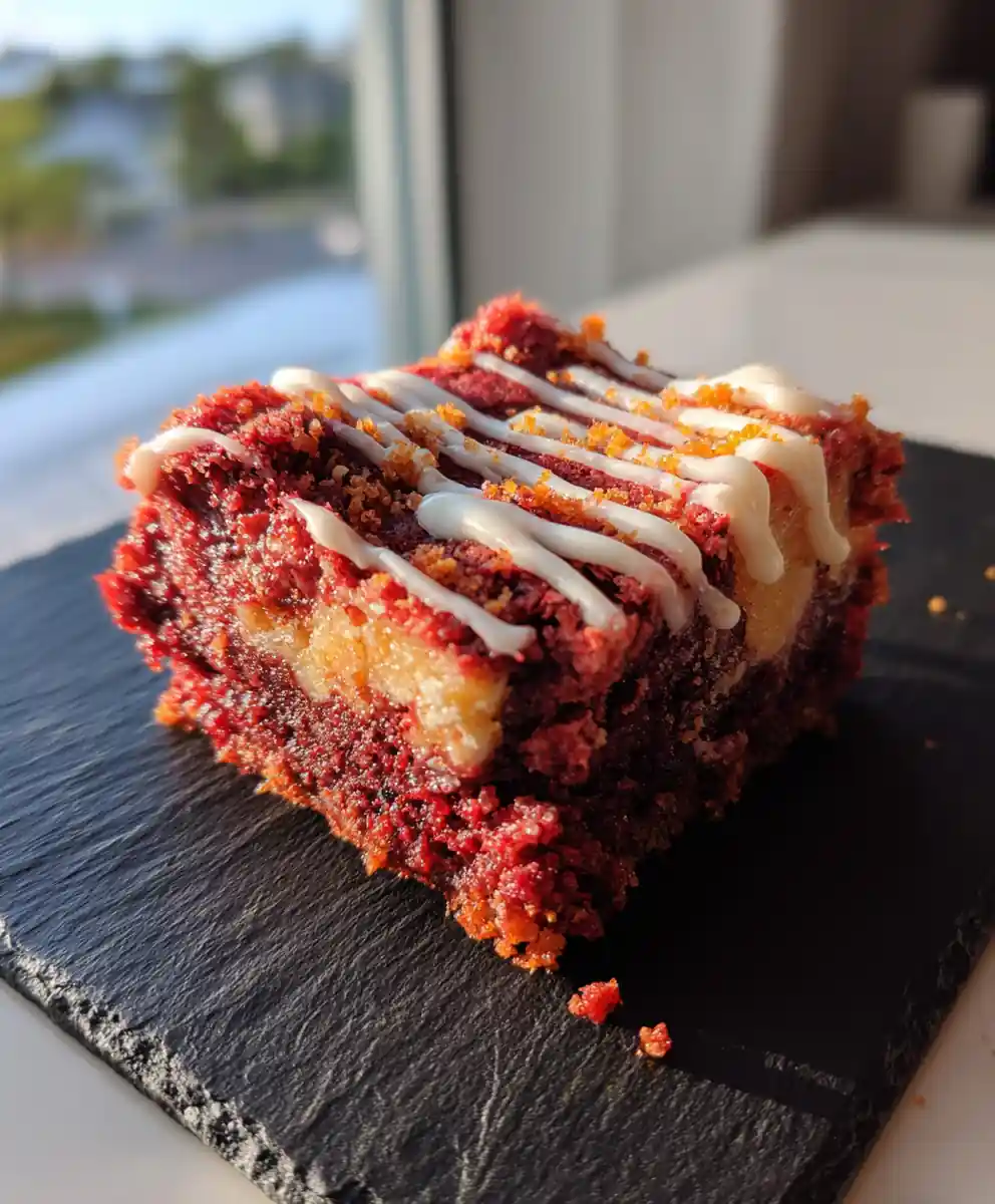 Red Velvet Cookie Bars With Orange Cream Cheese Swirl