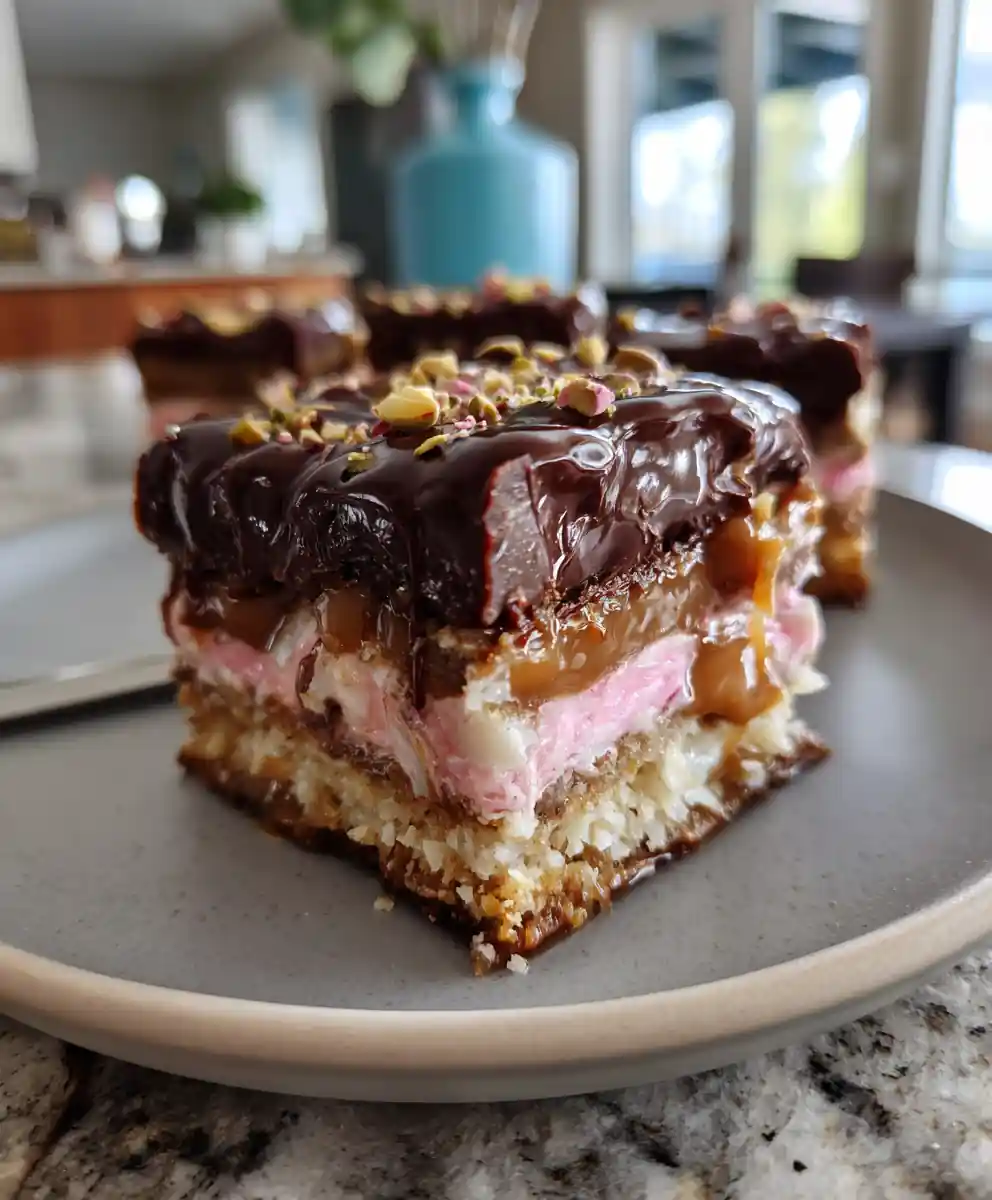 Rose Infused Cream Cheese 7 Layer Bars With Dark Chocolate Glaze