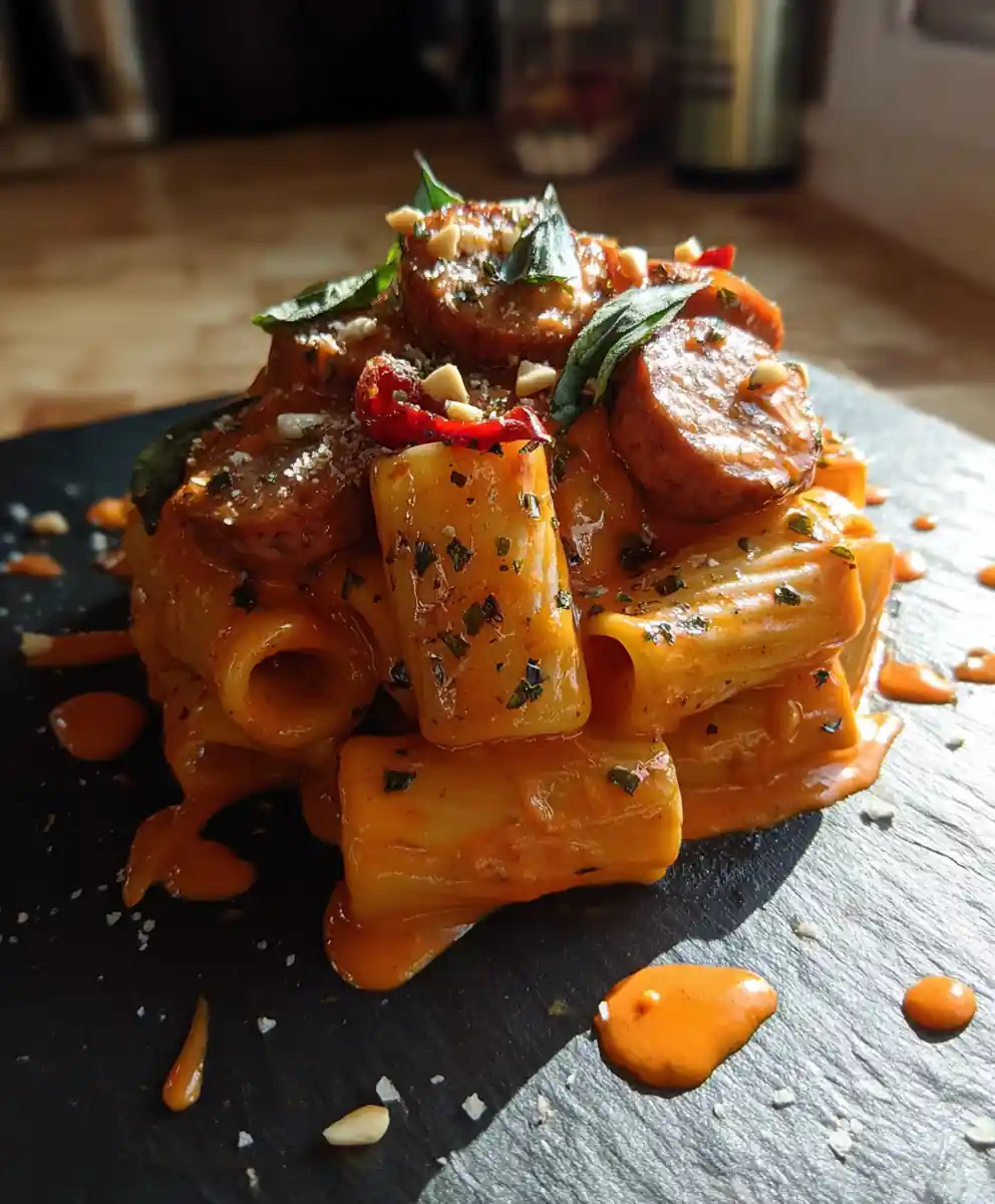 Spicy Italian Style Chicken Sausage Pasta With Roasted Red Pepper Cream