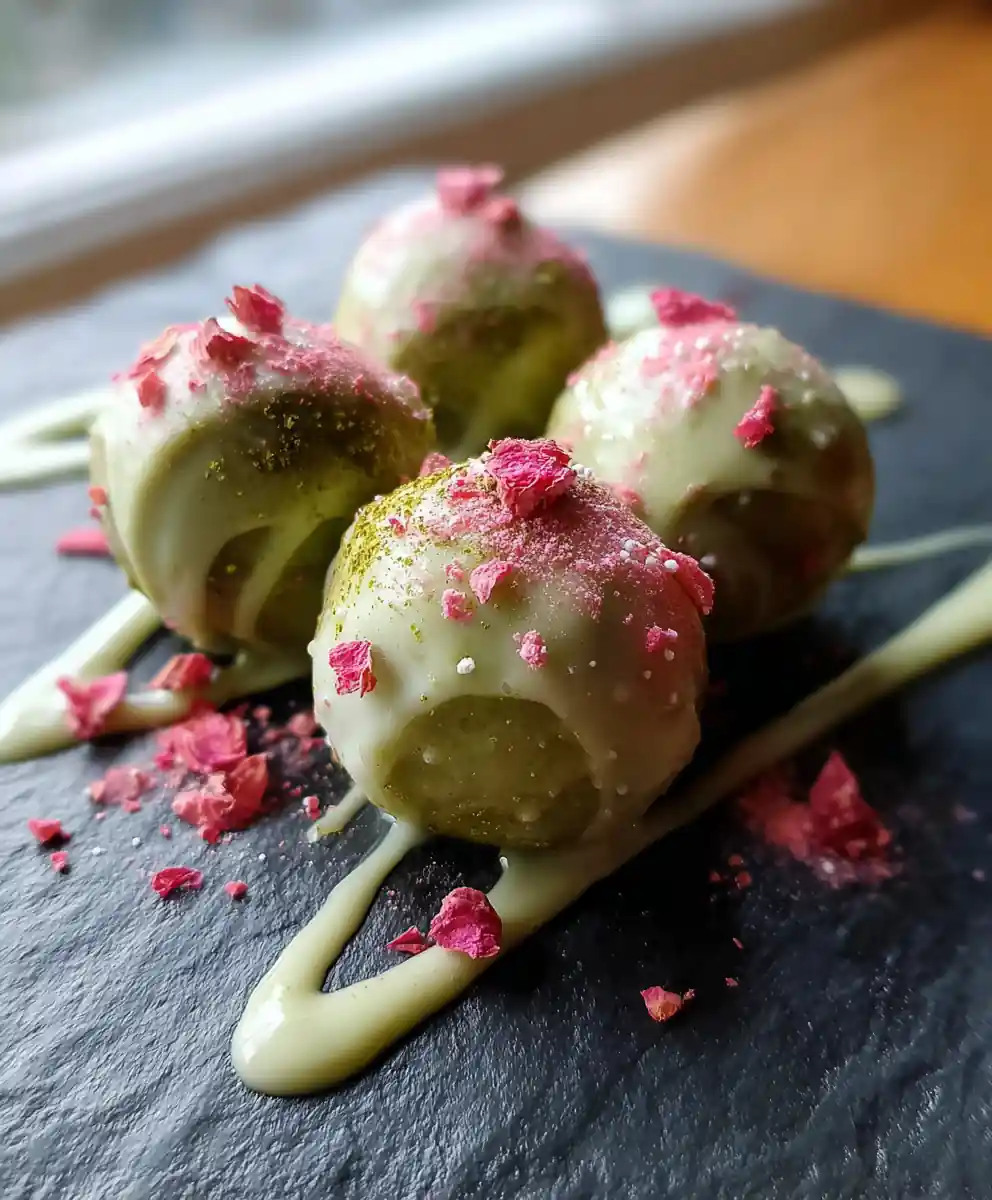 Strawberry Cheesecake Truffles With Matcha White Chocolate Coating