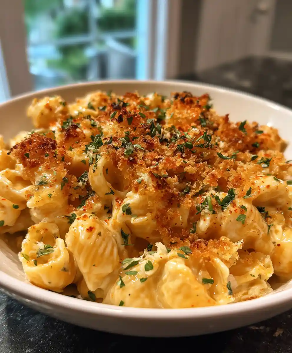 White Cheddar Mac And Cheese With Roasted Garlic Cauliflower Swirl