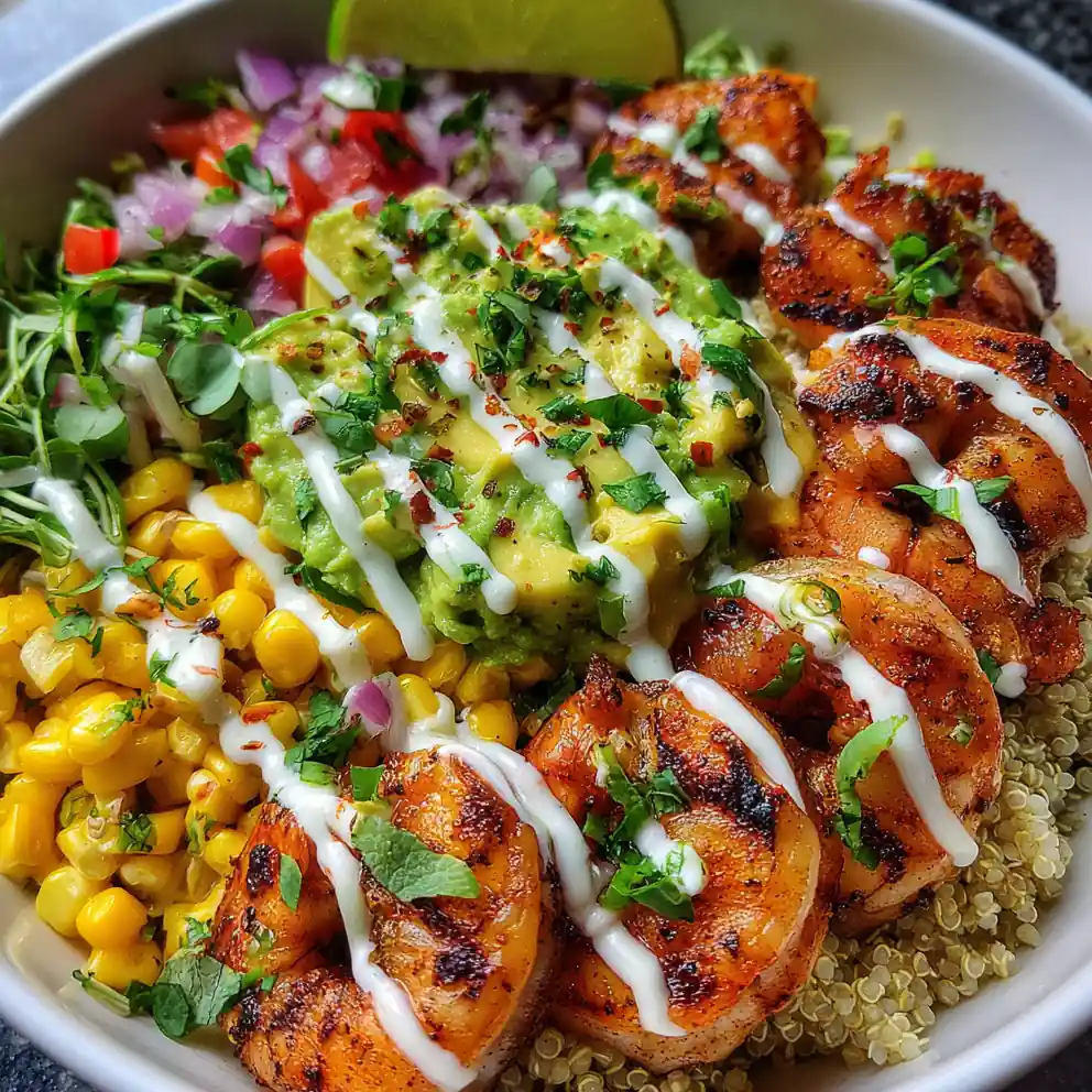 Grilled Shrimp Bowl With Avocado Corn Salsa & Garlic Sauce