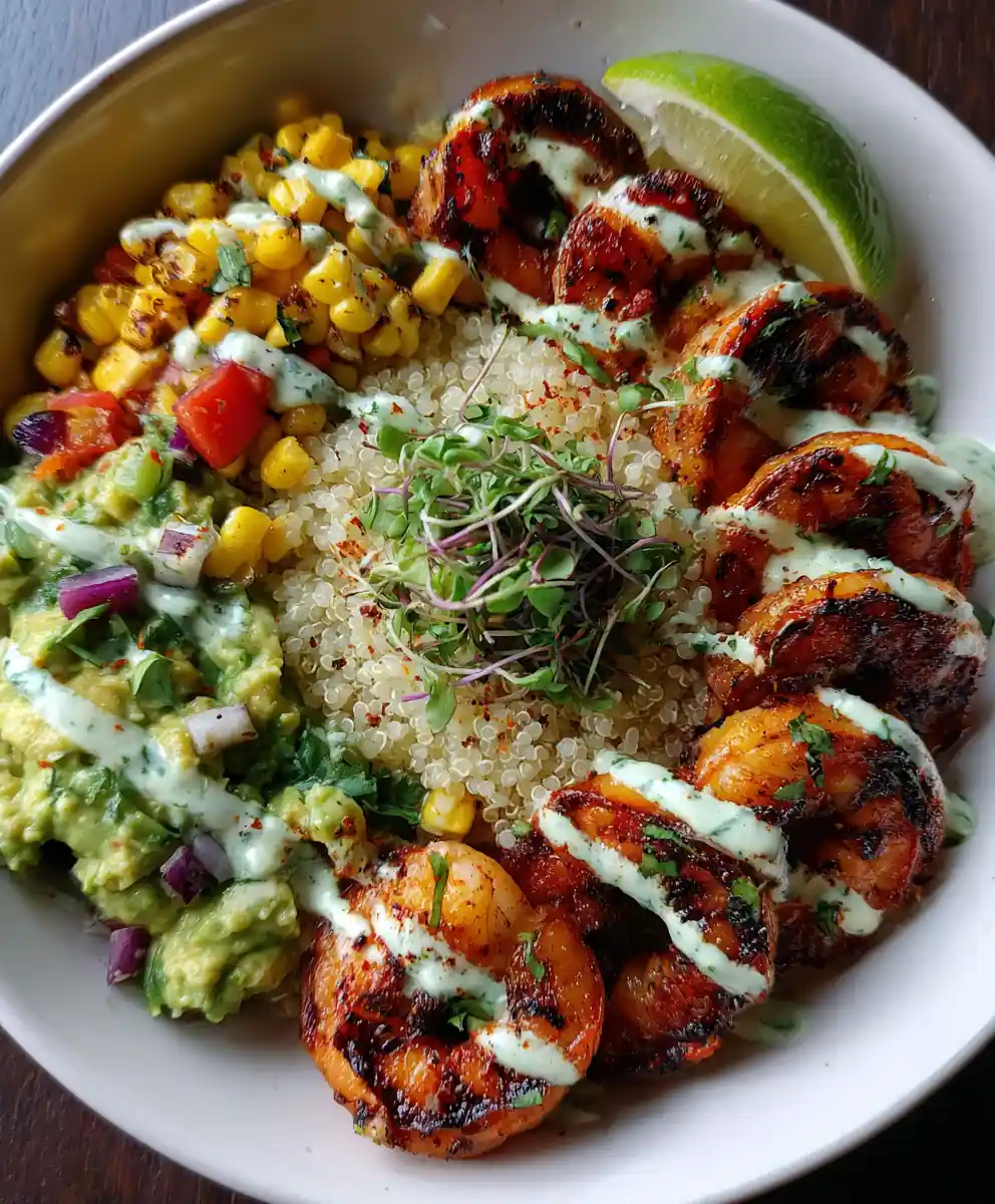 Grilled Shrimp Bowl With Avocado Corn Salsa & Garlic Sauce