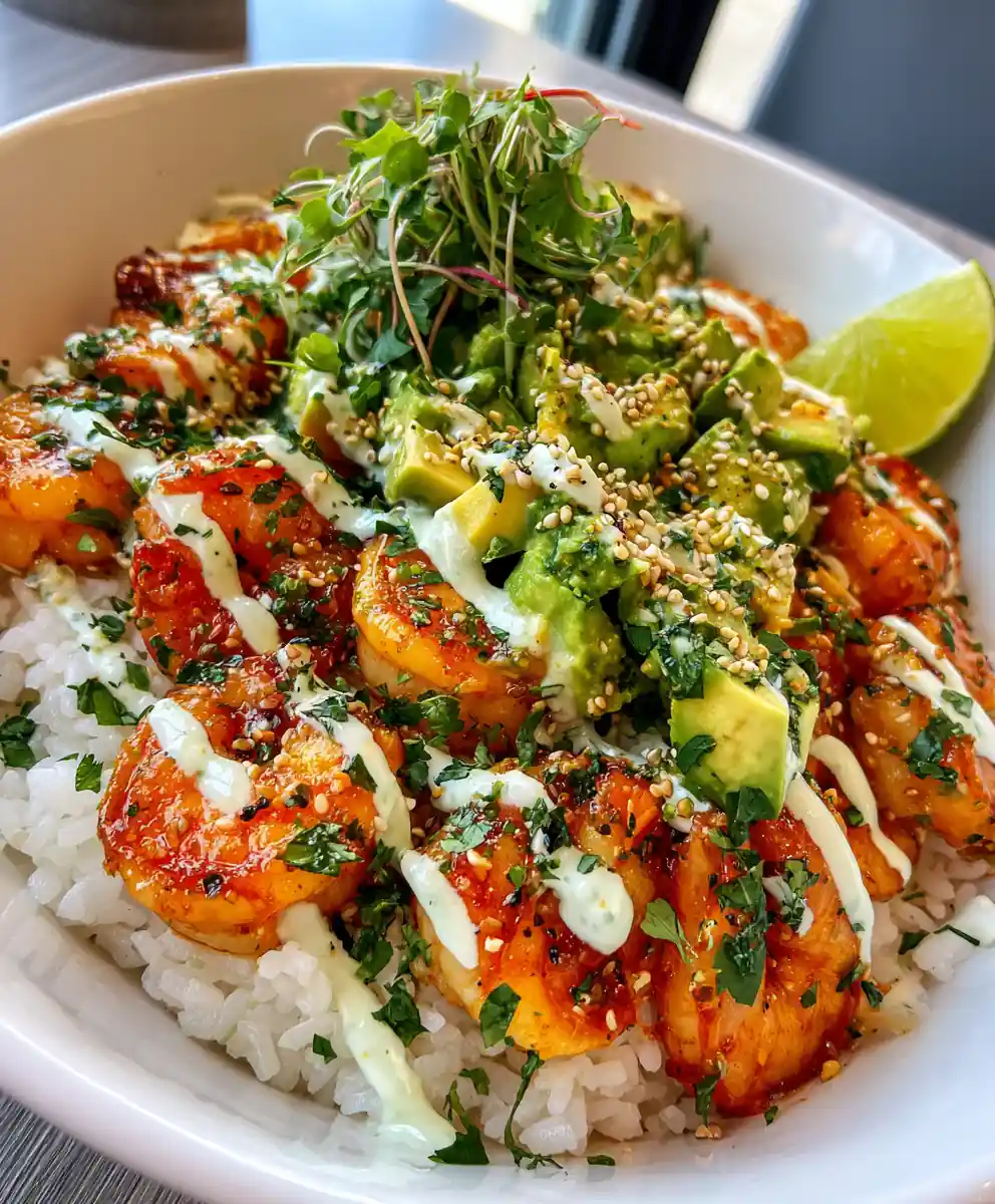 Irresistible Zesty Shrimp & Avocado Rice Bowls With Cilantro Lime Sauce