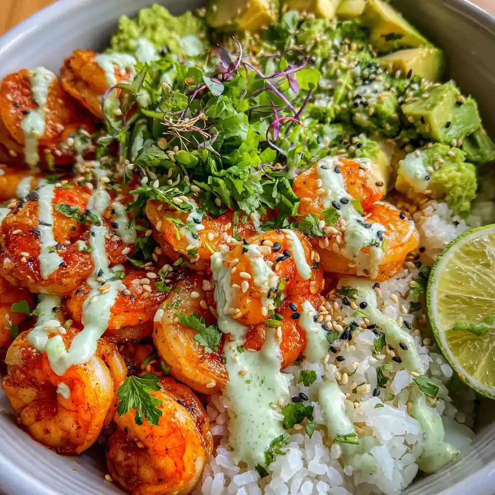 Irresistible Zesty Shrimp & Avocado Rice Bowls With Cilantro Lime Sauce