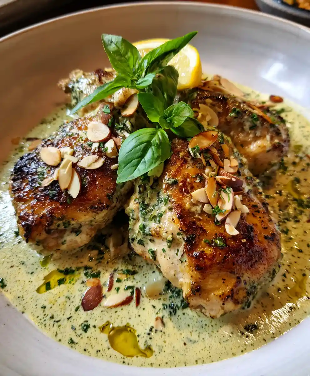 Keto Pesto Chicken With Creamy Almond Garnish