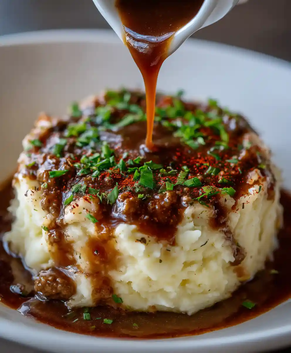Savory Ground Beef Gravy Over Creamy Mashed Potatoes