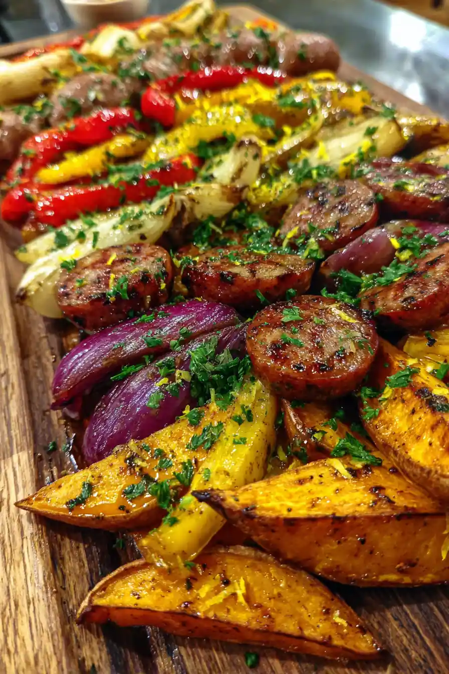 Sheet Pan Sausage And Sweet Potatoes With Honey Garlic Sauce