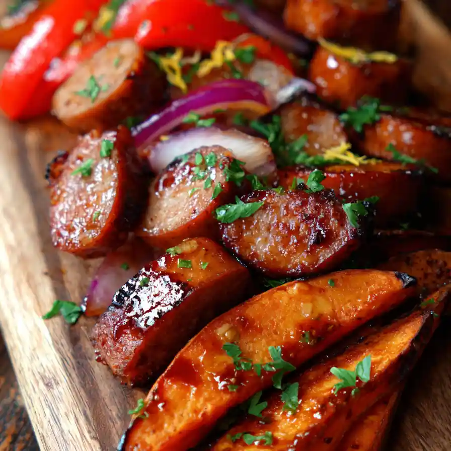 Sheet Pan Sausage And Sweet Potatoes With Honey Garlic Sauce
