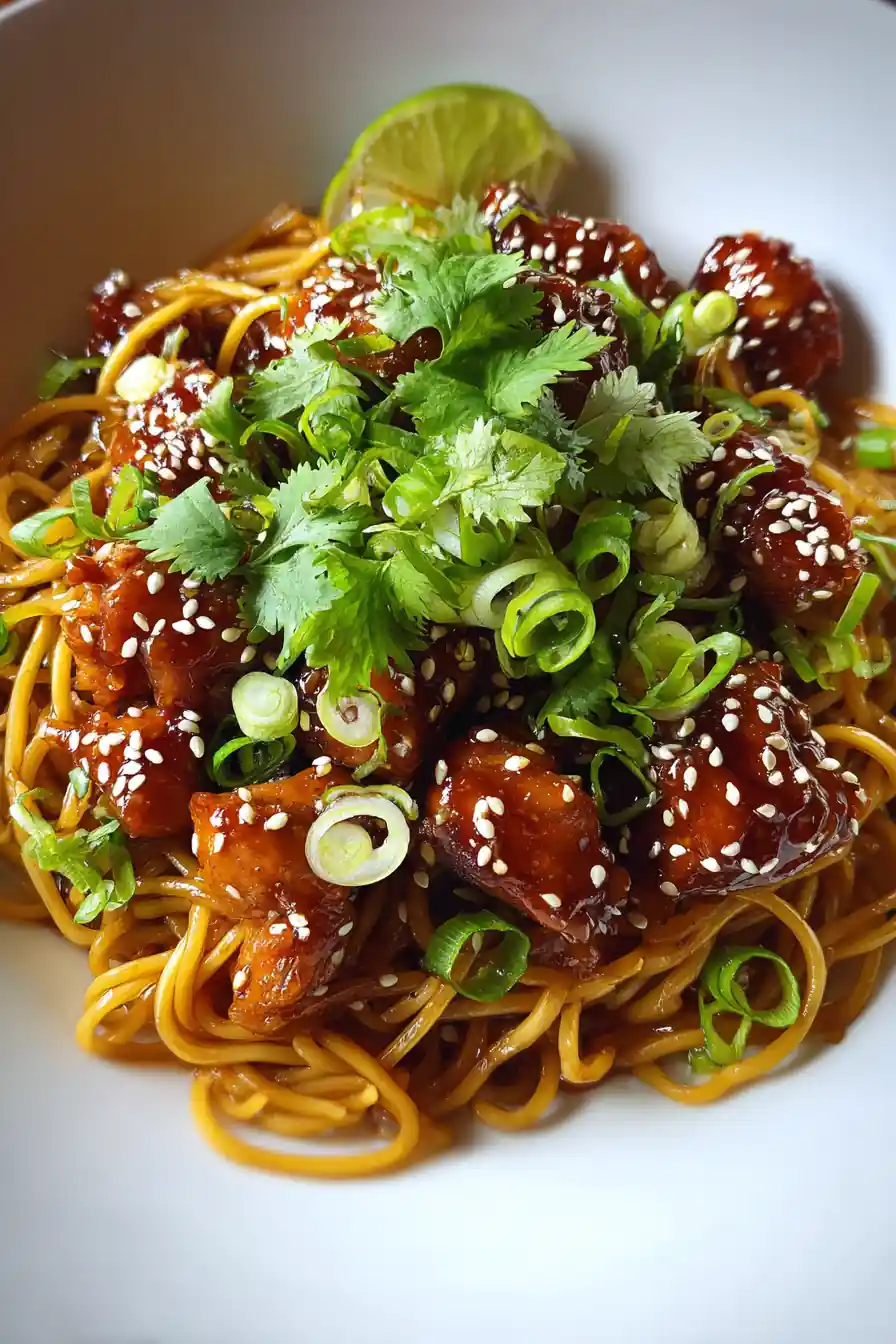 Sticky Garlic Chicken Noodles With Sesame Garnish
