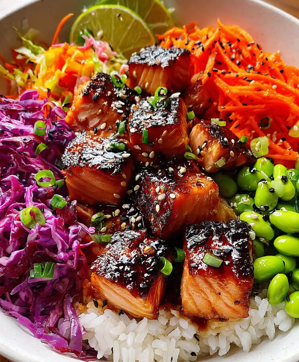 Sticky Honey Garlic Salmon Rice Bowl