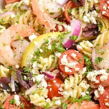 Mediterranean Shrimp and Pasta Salad with Lemon Garlic Dressing