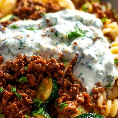 Turkish Ground Beef Pasta with Creamy Yogurt Sauce