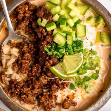 Crispy Beef and Rice Broth Bowls
