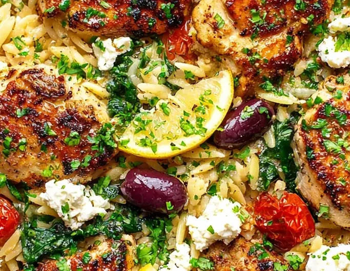 High Protein Mediterranean Chicken and Orzo Skillet
