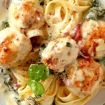 Baked Chicken Ricotta Meatballs with Spinach Alfredo Sauce