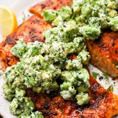 Savory Baked Salmon with Creamy Avocado Feta Topping