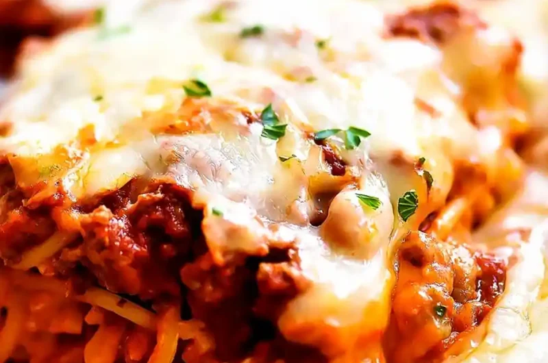 Creamy Baked Beef Spaghetti Casserole