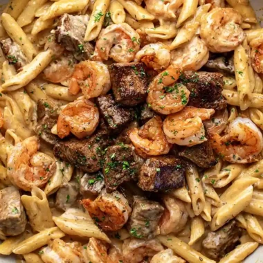 Creamy Blackened Steak and Shrimp Pasta