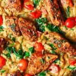 One-Pan Creamy Chicken Orzo with Pesto, Spinach, and Tomatoes