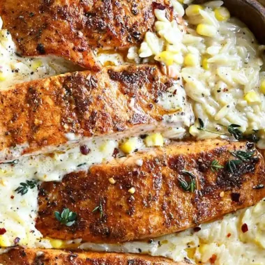 Creamy Corn Orzo with Seared Salmon