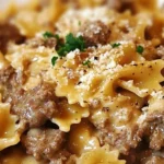 Creamy Garlic Beef and Bowtie Pasta