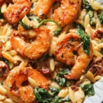 Creamy Tuscan Shrimp Orzo with Spinach, Sun-Dried Tomatoes, and Artichokes