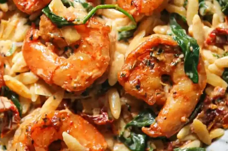 Creamy Tuscan Shrimp Orzo with Spinach, Sun-Dried Tomatoes, and Artichokes
