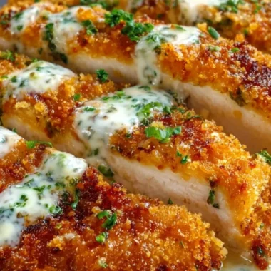 Golden Parmesan Crusted Chicken with Garlic Cream Sauce