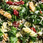 Mediterranean Pasta and Kale Salad with Garlic Basil Dressing