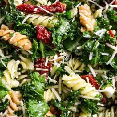 Mediterranean Pasta and Kale Salad with Garlic Basil Dressing