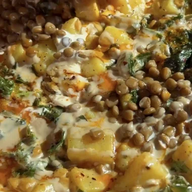 One Pan Creamy Lentils with Japanese Sweet Potatoes and Kale