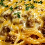 Creamy Garlic Cheddar Beef Spaghetti