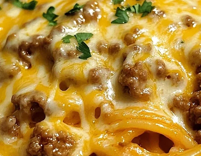 Creamy Garlic Cheddar Beef Spaghetti