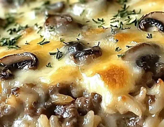 Creamy Beef and Mushroom Rice Bake