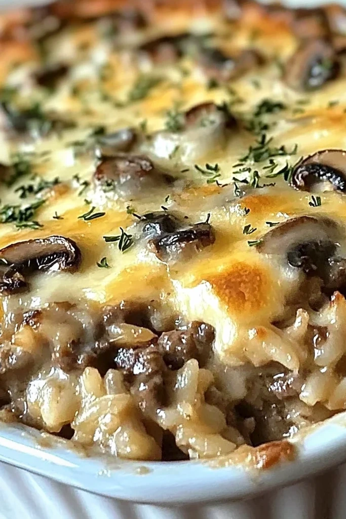 Creamy Beef and Mushroom Rice Bake