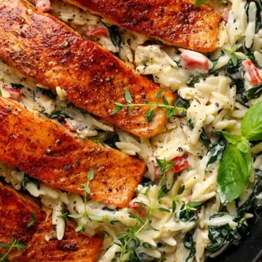 Creamy Salmon and Orzo Skillet with Spinach